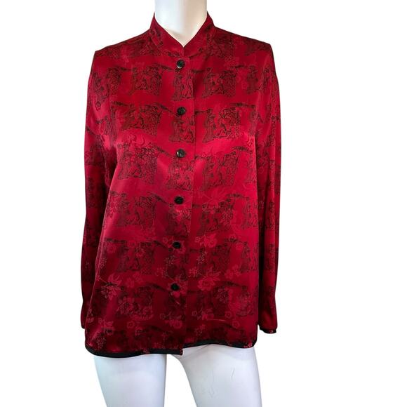 Vintage Chico's Asian Design Silk Button Down Shirt Red & Black sz 2= L - Picture 8 of 8